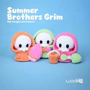 May include: Three crocheted skull figures wearing hooded jackets in orange, green, and pink. Each figure has black eyes and is holding a beach-themed item, such as an ice cream cone or a bucket. The text "Summer Brothers Grim" is at the top.