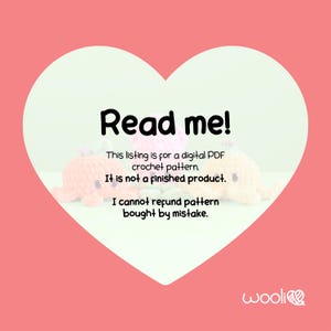 May include: A pink and coral crochet octopus pattern is featured in this image, set against a heart-shaped backdrop. The text "Read me!" is displayed, along with a disclaimer about the digital PDF crochet pattern and refund policy.