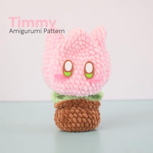 May include: A pink crocheted amigurumi flower with green eyes and a brown crocheted pot. The flower is named Timmy.