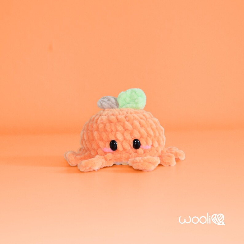 May include: A plush orange octopus with black eyes and pink cheeks. The octopus has a small green and gray accent on top. The background is a solid orange color. The word "wooli" is in the bottom right corner.