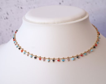 Colored Glass Bead Choker Necklace