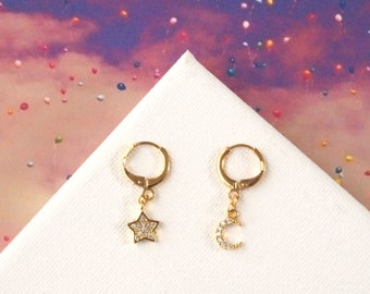 Star and Moon 24k Gold Plated Cubic Zirconia Hoop Earrings