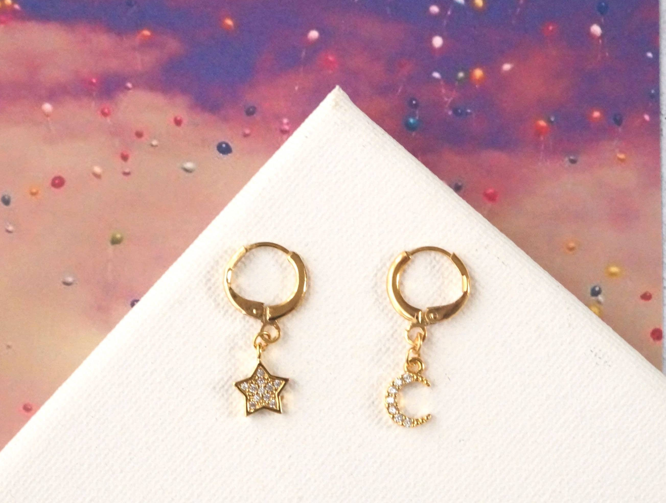 Star and Moon 24k Gold Plated Cubic Zirconia Hoop Earrings