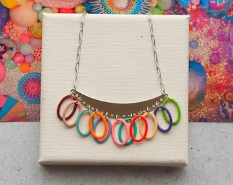 Silver Statement Bib Necklace with Colorful Oval Rings