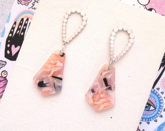 Matt Silver Teardrop with Peach Resin Shard Earrings