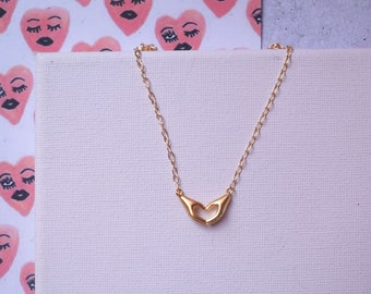 Matt Gold Plated Two Hand Loveheart Handsign Necklace
