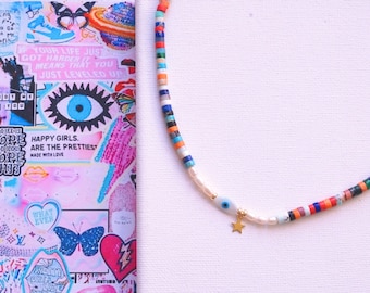 Colorful Beaded and Pearl Eye Necklace with Petite Star Charm