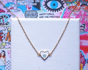 Gold Plated White Love Heart Evil Eye Necklace