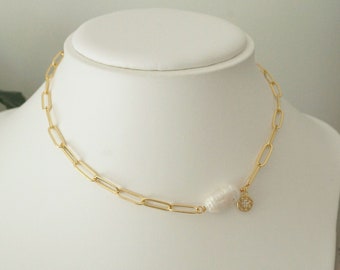 Gold Plated Long Link Oval Pearl Necklace with Star Disc Charm