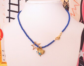 Blue Beaded Star Evil Eye Hand Necklace