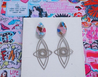 Stainless Steel Silver Etched Oval Geometric Evil Eye Earrings with Marbled Blue and Pink Teardrop Studs