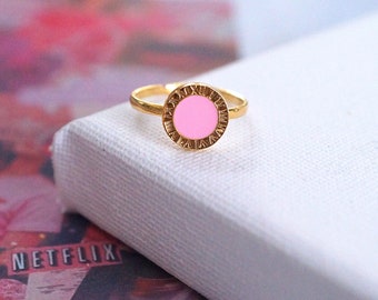 Gold plated Roman Numeral Pink Centre Adjustable Ring