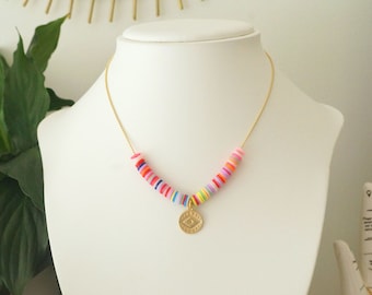 Matt Gold Plated Evil Eye Charm Necklace with Colorful Pink Beads