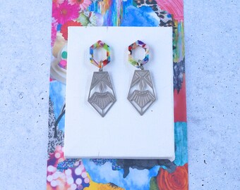 Stainless Steel Silver Etched Aztec Spear Earrings with Colorful Hexagon Studs