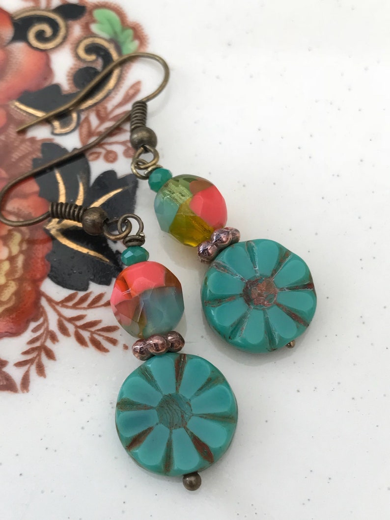 Turquoise flower earrings czech beaded earrings coral multicoloured earrings uk seller