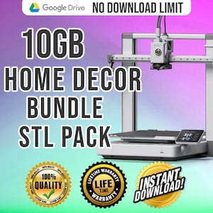Puede incluir: Una impresora 3D blanca con una pantalla negra y un brazo plateado. La impresora está sobre una superficie blanca. La imagen también incluye texto que dice "10GB HOME DECOR BUNDLE STL PACK" y "NO DOWNLOAD LIMIT". Hay tres insignias circulares que dicen "100% QUALITY", "LIFETIME WARRANTY LIFE TIME WARRANTY", y "INSTANT DOWNLOAD!"