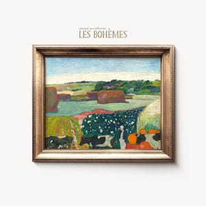May include: A framed landscape painting in a gold frame. The artwork shows a rural scene with fields, haystacks, cows, and figures. The colour palette includes greens, blues, and browns, creating a pastoral aesthetic. The text "LES BOHEMES" is visible.