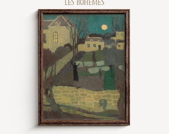 Dipinto d'epoca di un villaggio illuminato dalla luna: paesaggio di arte popolare (download digitale)
