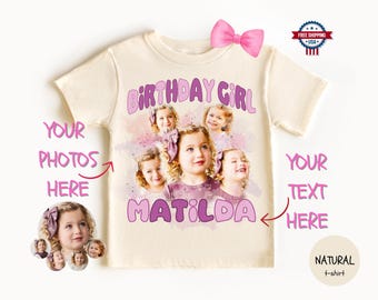 Custom Kids Birthday Photo T-shirt, Personalized Kids Birthday T-shirt, Custom Photo T-shirt for Girls, Personalized Watercolor Design Shirt