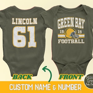 Custom Green Bay Football Onesies®, Personalized Green Bay Retro 80s Style Game Day Baby Tee, Cute Football Baby Shower Gift, Green And Gold