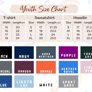 The image is a youth size chart that provides the measurements and corresponding colors for different types of clothing, such as T-shirts, sweatshirts, hoodies, and T-shirts.