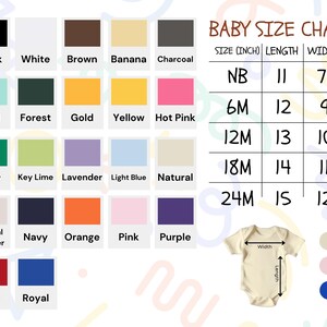 The image is a baby size chart that provides color options and corresponding measurements for different age groups. It includes a color palette ranging from black to royal red, along with a color swatch for each age group. The chart also includes a table with age groups and corresponding measurements, such as size in inches and length in centimeters.