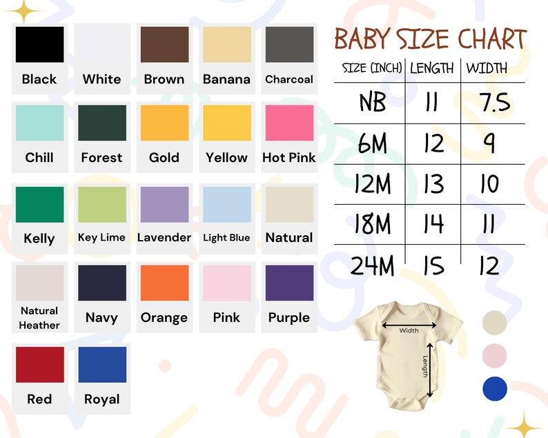 The image is a baby size chart that provides color options and corresponding measurements for different age groups. It includes a color palette ranging from black to royal red, along with a color swatch for each age group. The chart also includes a table with age groups and corresponding measurements, such as size in inches and length in centimeters.
