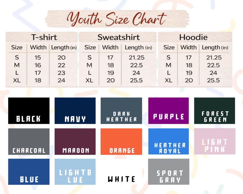 The image is a youth size chart that provides the measurements and corresponding colors for different types of clothing, such as T-shirts, sweatshirts, hoodies, and T-shirts.