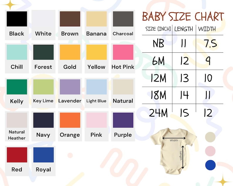 The image is a baby size chart that provides color options and corresponding measurements for different age groups. It includes a color palette ranging from black to royal red, along with a color swatch for each age group. The chart also includes a table with age groups and corresponding measurements, such as size in inches and length in centimeters.