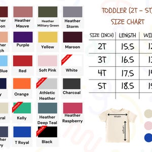 The image is a size chart for toddler clothing, showing different colors and corresponding sizes for each color.