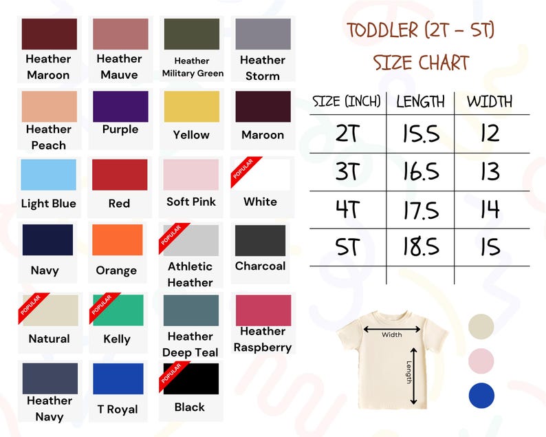 The image is a size chart for toddler clothing, showing different colors and corresponding sizes for each color.