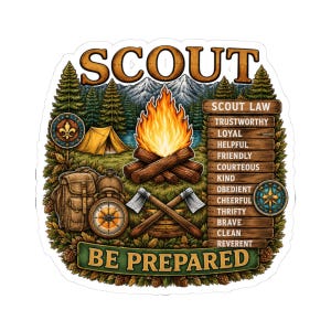 Scout Outdoor Adventure Campfire Sticker 3in x 3in - Be Prepared, Camping Decor, Exploration, Gift for Scouts, Nature Enthusiasts
