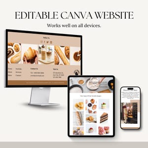 May include: A website mockup for a bakery called "Sweet Crumbs" with a brown and beige color scheme. The website features images of baked goods, a contact form, and a "Visit Us" section. The website is displayed on a computer monitor, tablet, and smartphone.