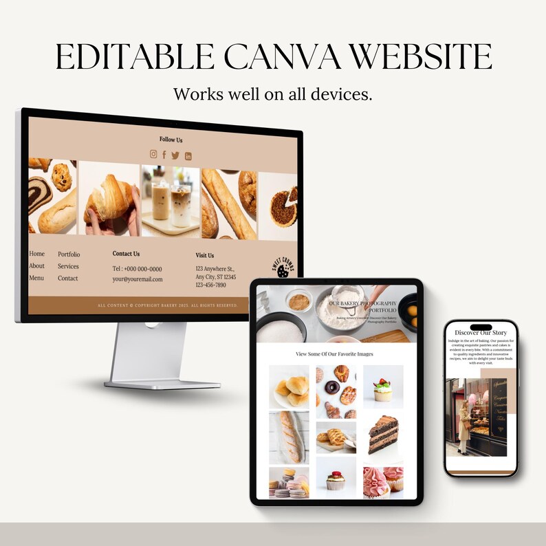 May include: A website mockup for a bakery called "Sweet Crumbs" with a brown and beige color scheme. The website features images of baked goods, a contact form, and a "Visit Us" section. The website is displayed on a computer monitor, tablet, and smartphone.