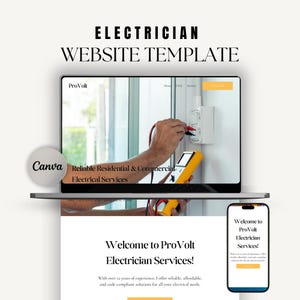 Puede incluir: Plantilla de sitio web para electricistas, que muestra una maqueta de portátil y smartphone. La pantalla del portátil muestra un diseño web con el texto "ProVolt" y "Reliable Residential & Commercial Electrical Services". El smartphone muestra un diseño similar. También se ve el logotipo de Canva.