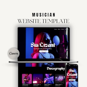 Op de afbeelding: Een website sjabloon voor muzikanten, weergegeven op een laptop en smartphone. De website toont een zangeres genaamd Sia Lizent, met een discografie sectie. Het ontwerp bevat rode en blauwe verlichting, met het Canva logo.