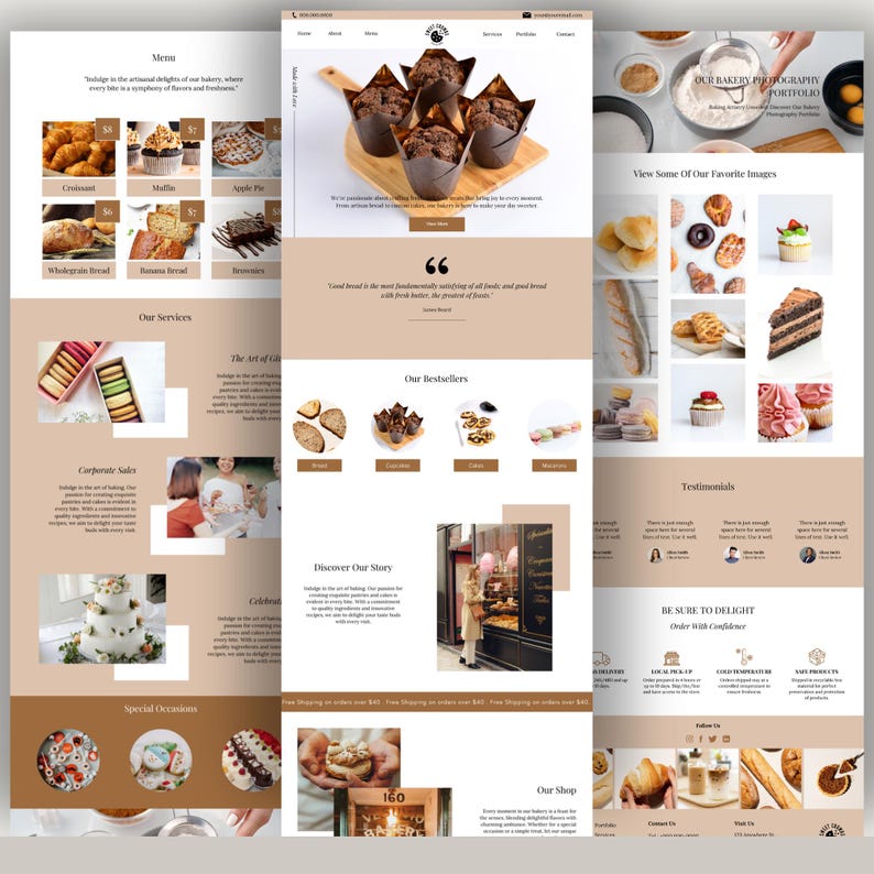 May include: A website for a bakery featuring images of various baked goods, including croissants, muffins, bread, cakes, and cupcakes. The website also includes information about the bakery's services, such as corporate sales and special occasions.