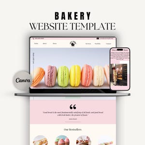 May include: A bakery website template displayed on a laptop screen and a smartphone. The design features a row of colourful macarons, a quote by James Beard, and a section for bestsellers. The layout includes a navigation menu and contact details.