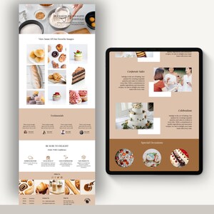 May include: A website for a bakery showcasing images of cakes, pastries, and bread. The website includes a section for testimonials, corporate sales, celebrations, and special occasions. The website also includes a call to action to "Be Sure to Delight, Order With Confidence".