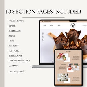 May include: A laptop computer displaying a website for a bakery called "Sweet Crumbs". The website features a menu, about us section, and services. The laptop is open and the screen is showing a picture of chocolate cupcakes. The website also has a phone number and the text "Made with Love".