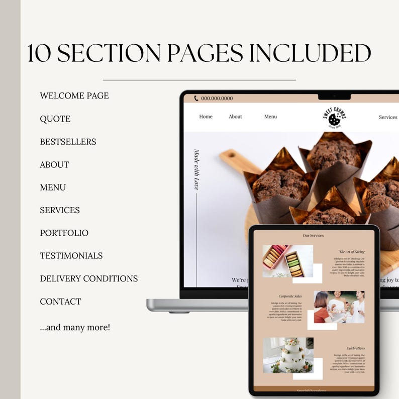 May include: A laptop computer displaying a website for a bakery called "Sweet Crumbs". The website features a menu, about us section, and services. The laptop is open and the screen is showing a picture of chocolate cupcakes. The website also has a phone number and the text "Made with Love".