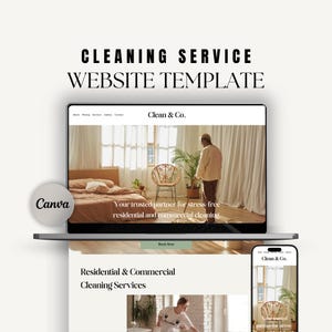 May include: A laptop and smartphone display a website template for a cleaning service. The website design features a clean, modern aesthetic with the text "CLEANING SERVICE WEBSITE TEMPLATE" and "Clean & Co."