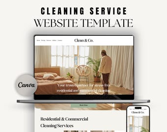 Plantilla de sitio web para servicios de limpieza, diseño de Canva de una sola página (descarga digital)
