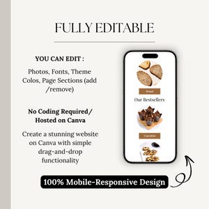 May include: A mockup of a mobile website for a bakery, showcasing a selection of baked goods, including bread, cupcakes, and pastries. The website is fully editable and can be created on Canva with simple drag-and-drop functionality. The text on the website reads "Our Bestsellers" and includes the categories "Bread" and "Cupcakes".