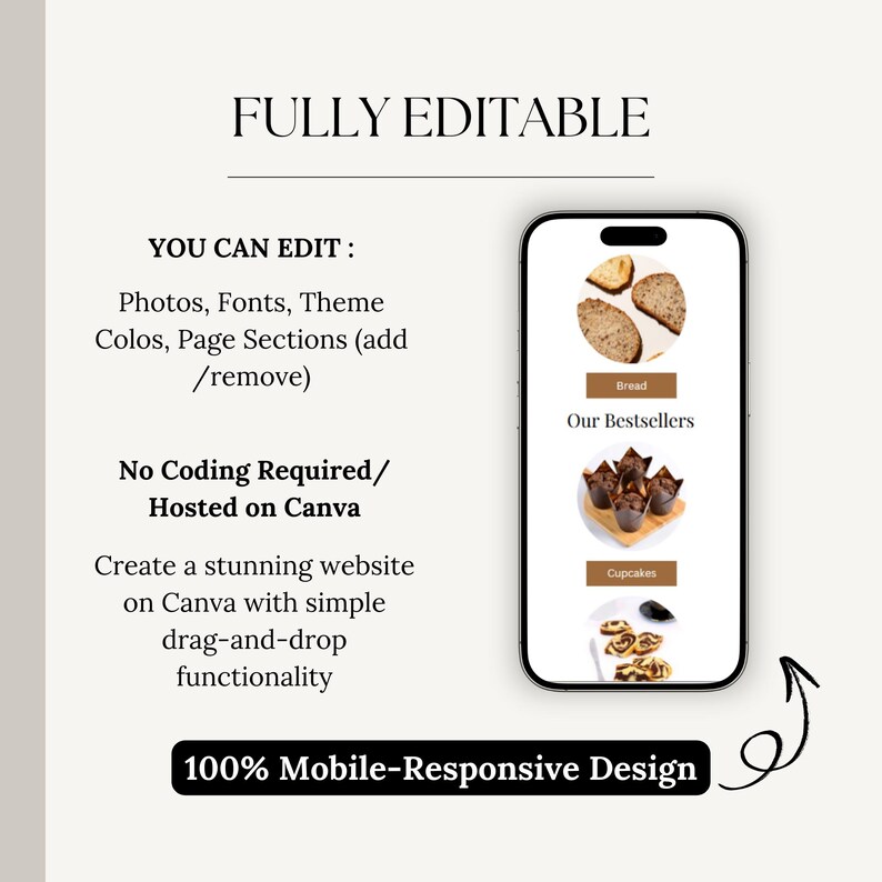 May include: A mockup of a mobile website for a bakery, showcasing a selection of baked goods, including bread, cupcakes, and pastries. The website is fully editable and can be created on Canva with simple drag-and-drop functionality. The text on the website reads "Our Bestsellers" and includes the categories "Bread" and "Cupcakes".