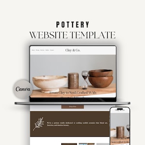 May include: Website template for a pottery studio called Clay & Co. The website features a photo of handmade ceramic bowls and a tagline that reads "From Clay to Soul, Crafted With Heart and Skill".