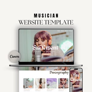 May include: A digital musician website template displayed on a laptop screen and a smartphone. The design features the text "MUSICIAN WEBSITE TEMPLATE", "Sia Lizent", "Soulful Sounds, Timeless Vibes", "Listen Now", and "Discography" with album images.