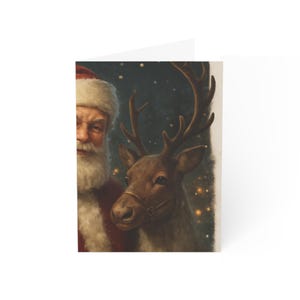 Vintage Santa and Reindeer Christmas Greeting Cards, Holiday Note Cards (Set of 10)