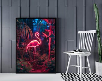 Neon Flamingo Urban Jungle Wand Kunst, Tropischer Druck