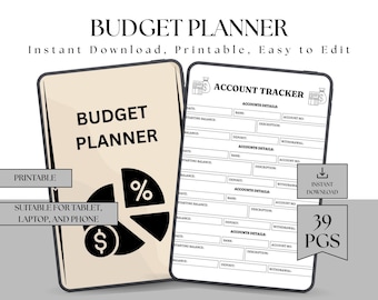 May include: A printable budget planner and account tracker. The budget planner features a pie chart with a dollar sign. The account tracker has fields for account details. The text says "Instant Download, Printable, Easy to Edit".